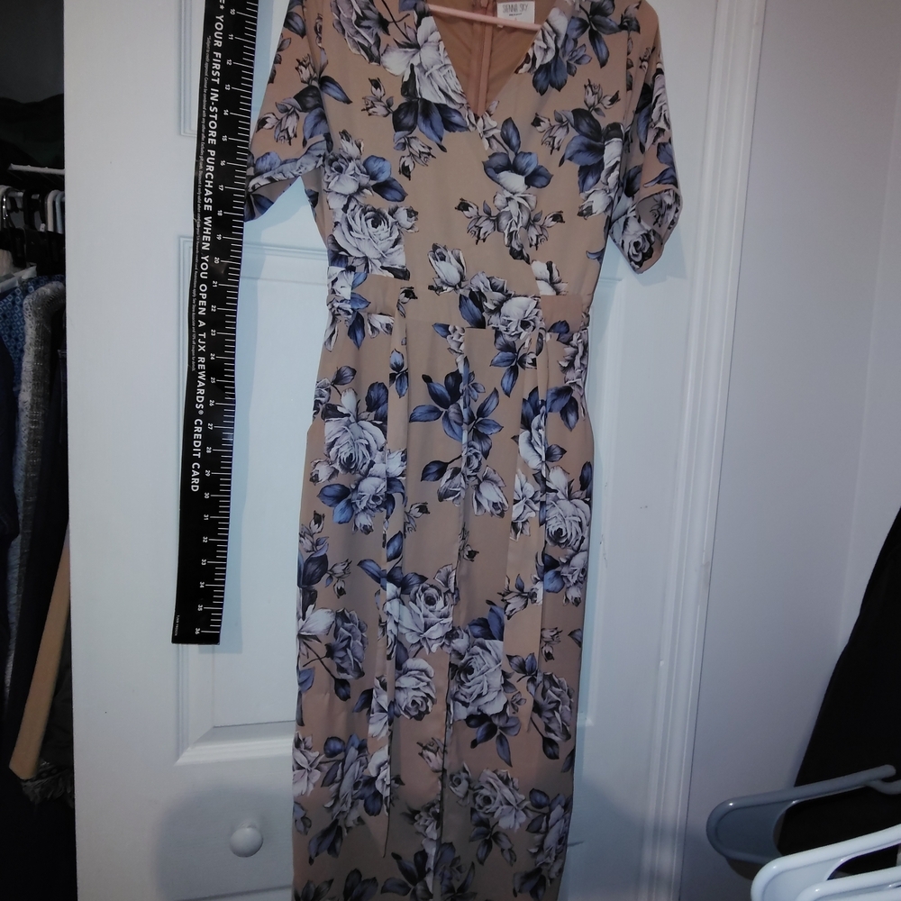 Sienna Sky Tan and Blue Floral Dress S New Nwot full length dress v neck elegant - Picture 2 of 11